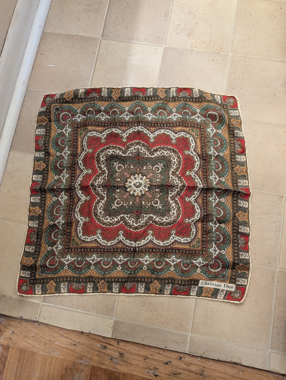 Vintage CHRISTIAN DIOR Silk Scarf 1970s Bohemian Medallion Paisley Red Green